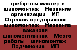 требуется мастер в шиномонтаж › Название организации ­ ИП › Отрасль предприятия ­ шиномонтаж › Название вакансии ­ шиномонтажник › Место работы ­ шиномонтаж › Подчинение ­ ИП - Иркутская обл., Ангарский р-н, Ангарск г. Работа » Вакансии   . Иркутская обл.